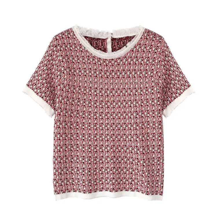 

Retro Summer Ice Silk Short Sleeve Women T-Shirts Tassel Button Patchwork Knitted Top
