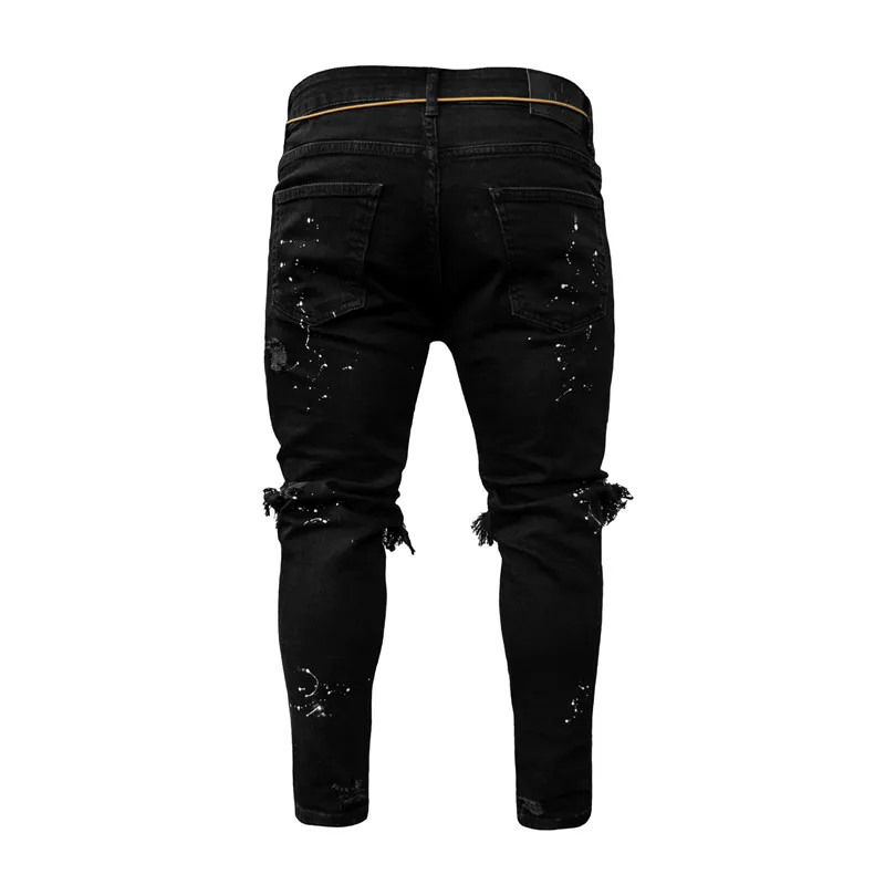 Men's Large Size Trousers Slim Hole Micro-Elastic Paint Tight Casual Fashion Street Waist Small Foot Jeans