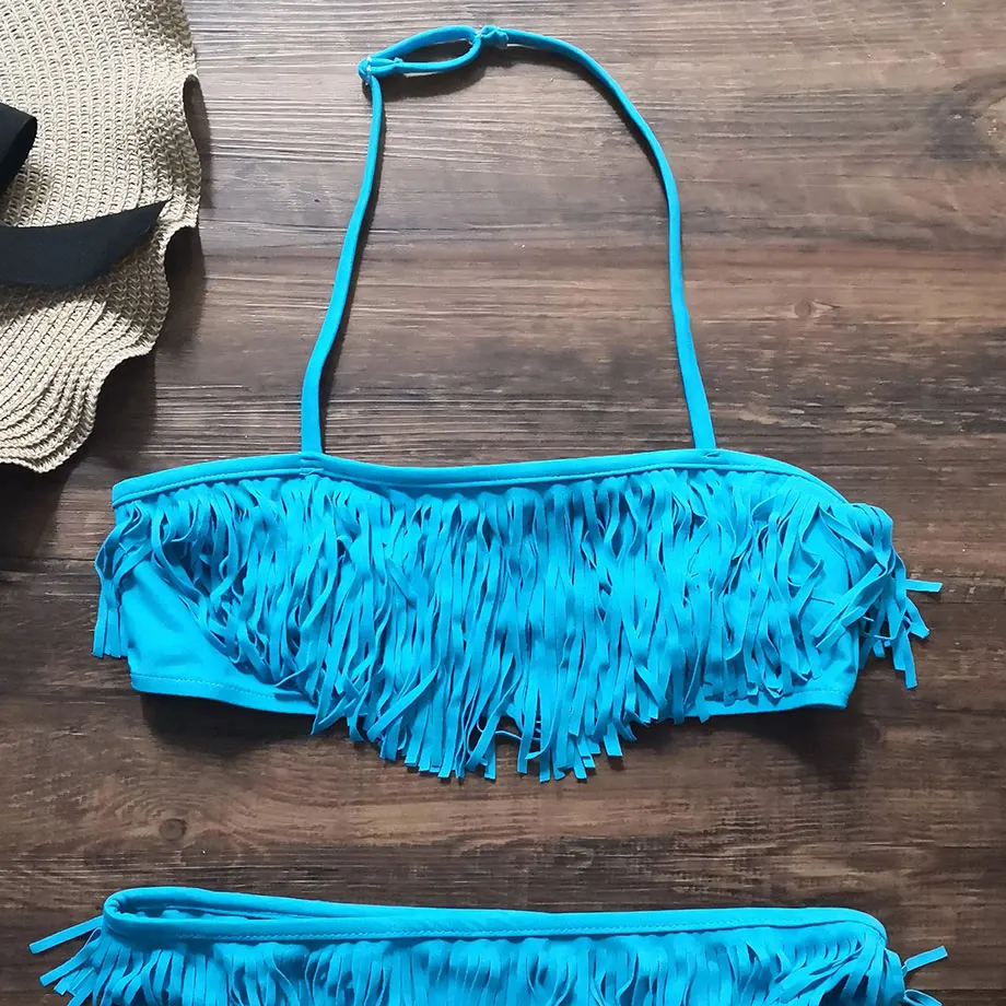 9-14 Years Girl Swimsuit Kids Swimwear Tassel Teenage Bikini Set Halter Top Girls Bathing Suit 2 Piece Children's