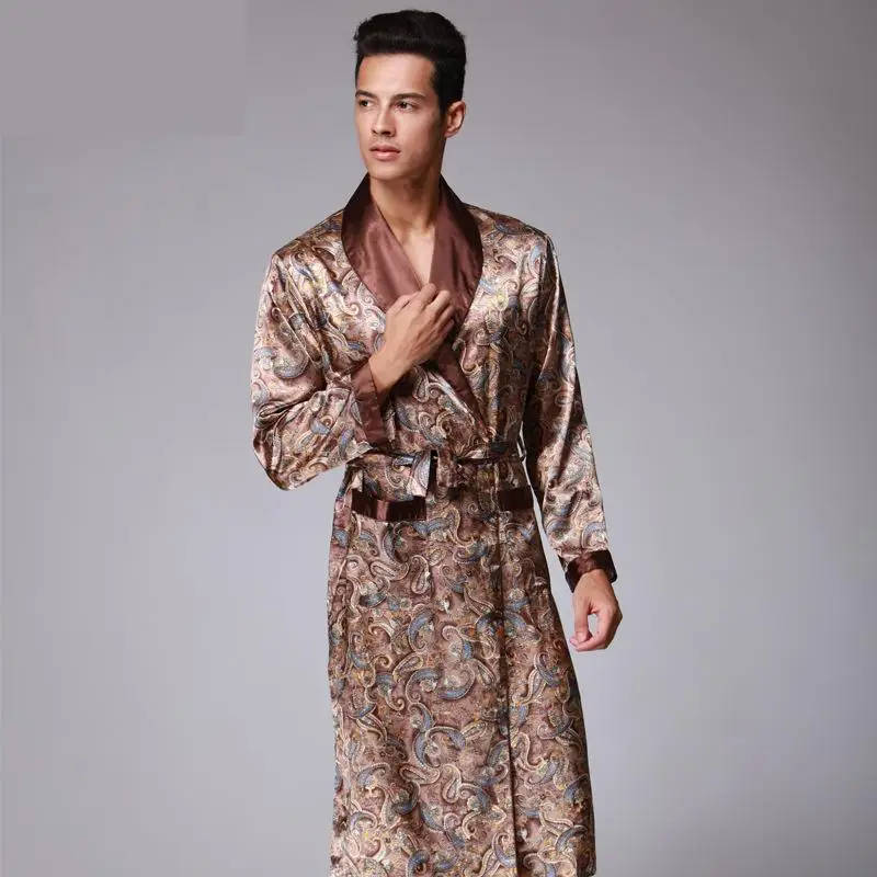 

Mens Luxury Paisley Pattern Bathrobe Kimono Robes V-neck Faux Silk Male Sleepwear Nightwear Male Satin Bath Robe
