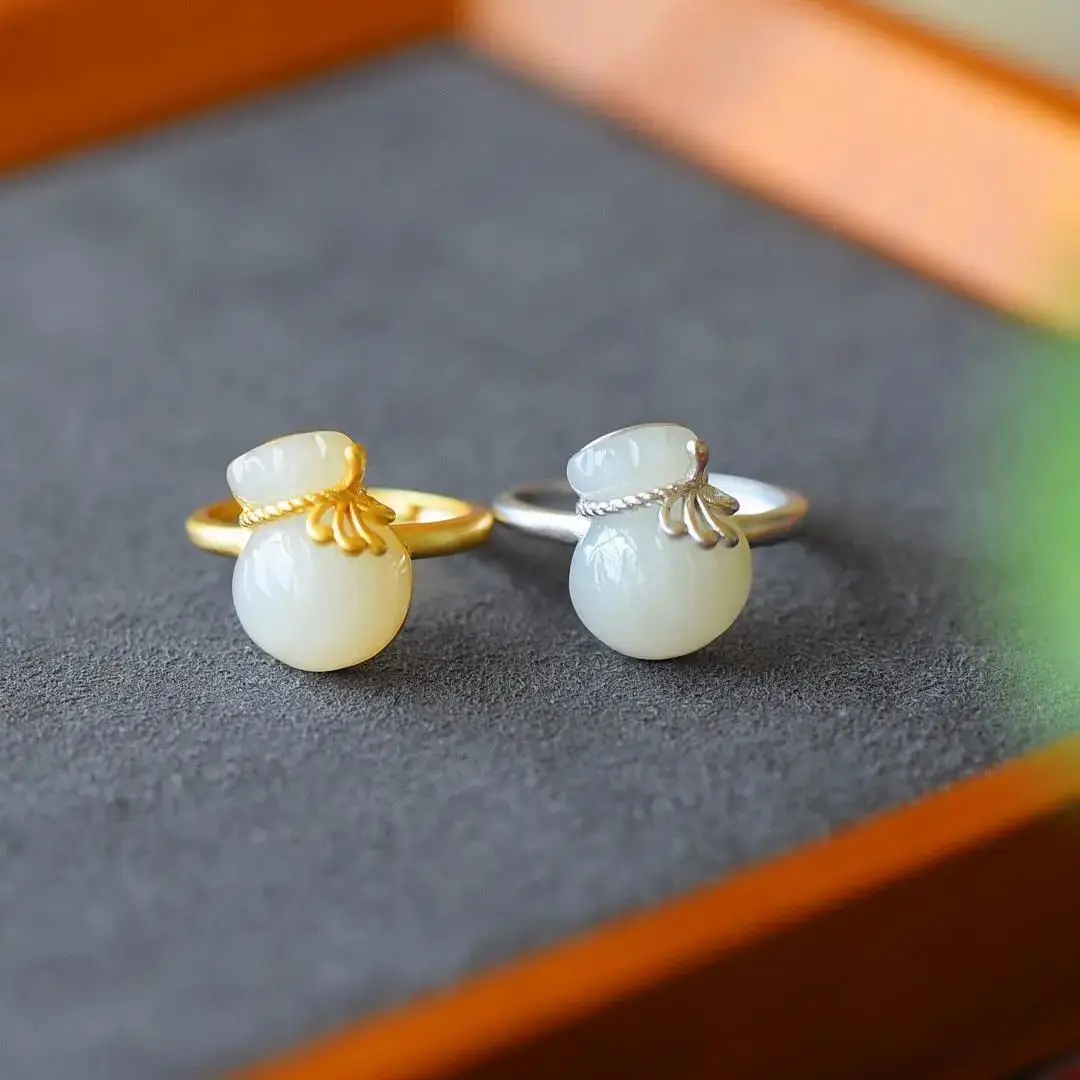 

Small Chinese Character Fu Bag Natural Hetian Jade S925 Sterling Silver Ring Vintage Chinese Style Jewelry Open Adjustable Index