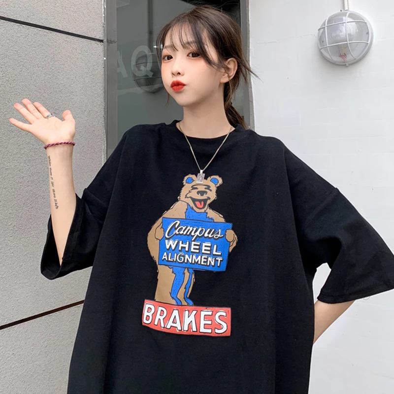 

Houthion Loose Plus Size Women's T-shirt New Leisure Top Fashion Short Sleeve T Shirt Cartoon Bear Print O-neck Tshirt Summer