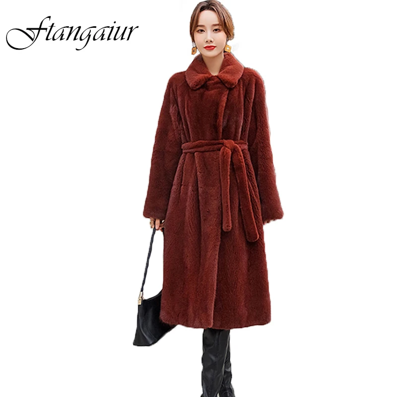 

Ftangaiur New Winter Imported Velvet Mink Fur Coat Wine Red Pure Color Sashes Mink Coat Women X-Long Real Mink Fur Coats