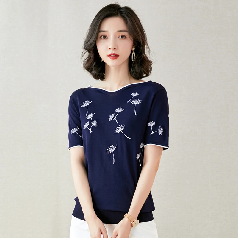 

Knitted Pullovers Women Sweaters 20201New Summer Short Sleeve Fashion Ice Silk Snowflake Pullover Pull Femme Woman Knit Top