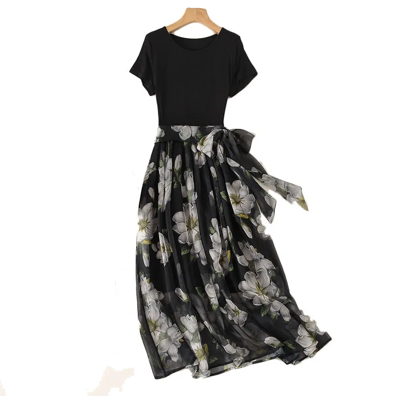 

Summer Dress 2020 New Temperament Short Sleeved Printed Dresses Mid-Length Korean Elegant Cover Belly Big Swing Chiffon Dress