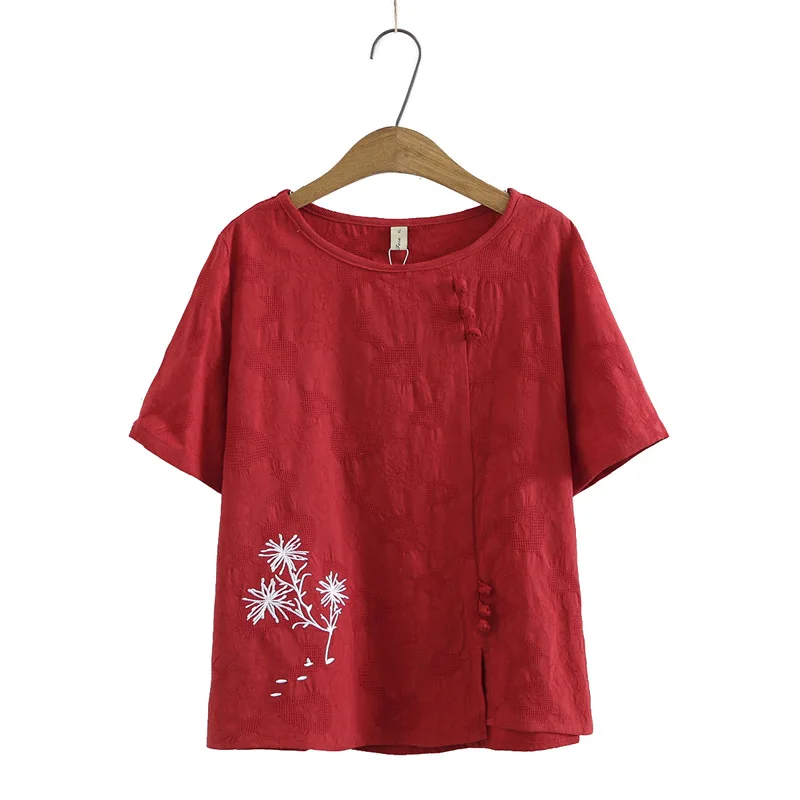 

Plus Size XL-4XL Women's Short Sleeve Vintage Tshirts Casual A-line Cotton&Linen Tops Embroidery Summer Shirts