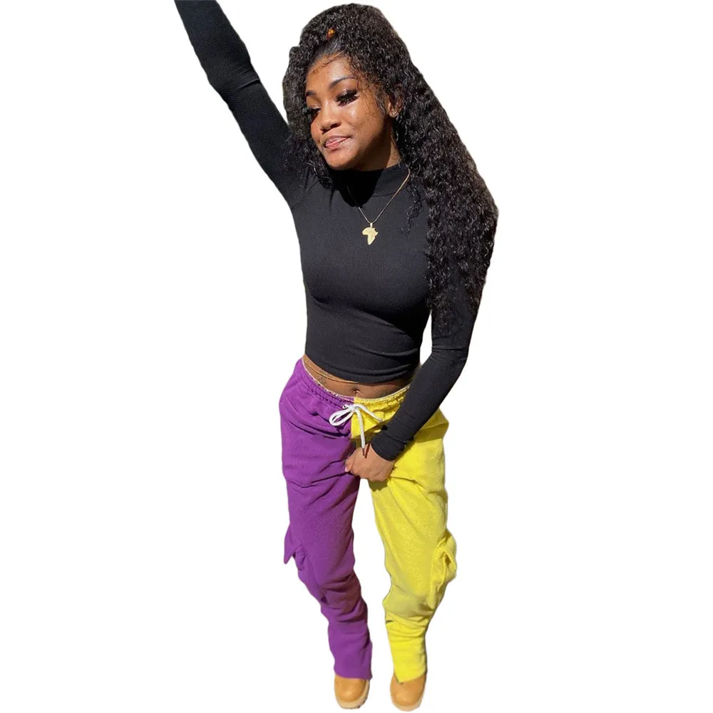 

Casual Woman Pants Contrast Color Pleated Pocket Zipper Hoodie Pants Streetwear Warm Trousers