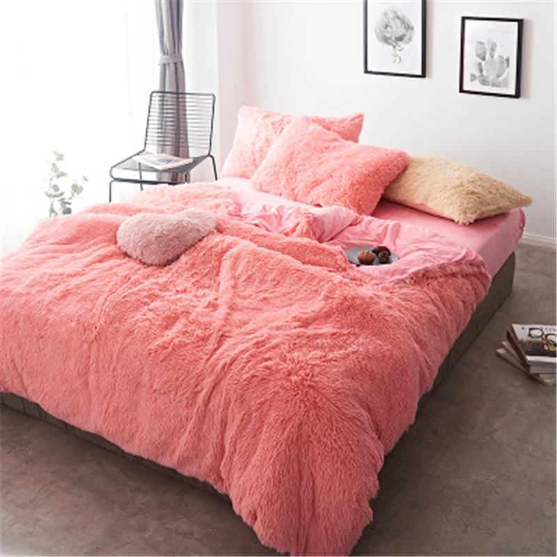 

Korean Lamb Velvet Bedding Set 4pcs Winter Thick Warmth Linen Quilt Cover Bed Duvet Cover with Bed Linens Pillowcase Mink Velvet