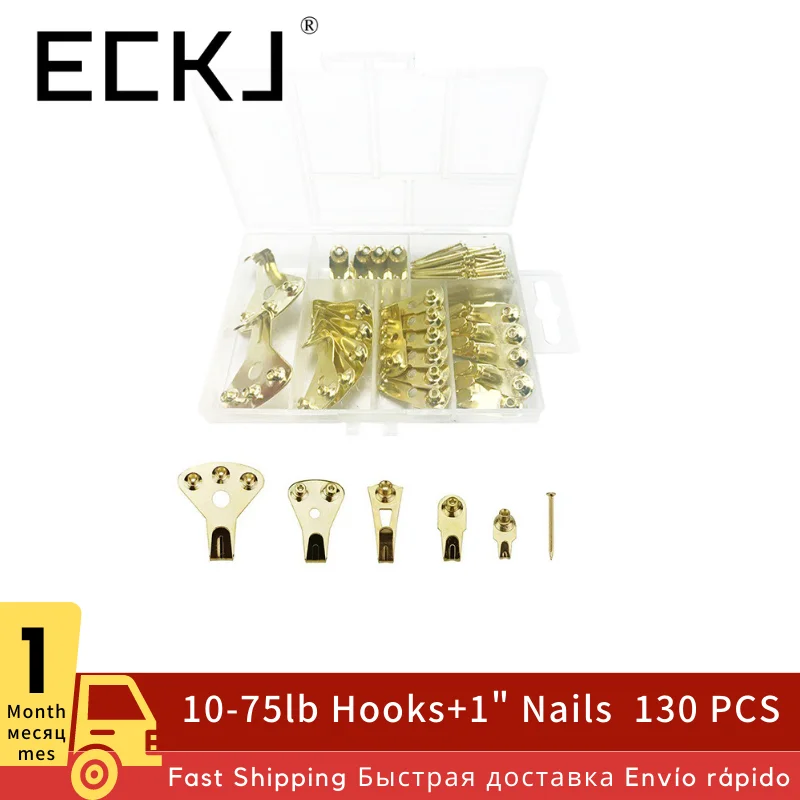 

ECKJ 130pcs/Set Picture Hangers Photo Frame Hanging Hooks Kit with Nails Hardware for Wall Heavy Duty Painting Tool 75lb. Gold