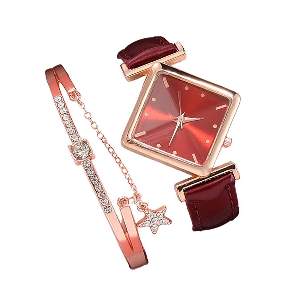 

Watch for Women Faux Leather Band Square Dial Quartz Watch Star Shape Bracelet Set