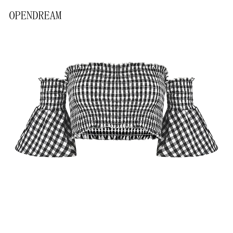 OPENDREAM женский черно белый клетчатый топ с вырезом лодочкой без бретелек