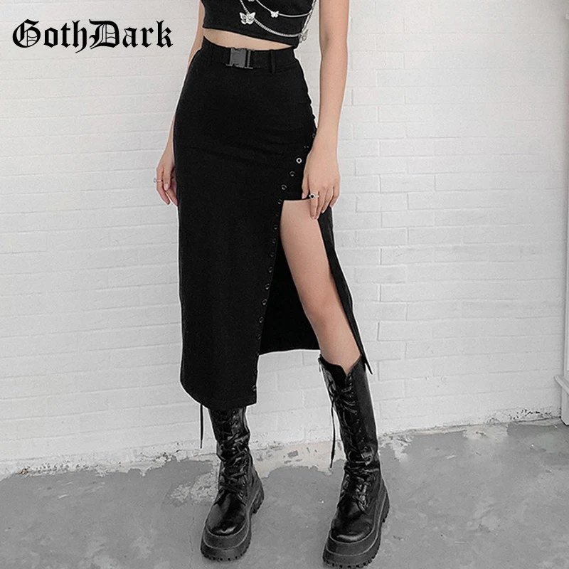 Goth Dark Gothic High Waist A-Line Black Midi Skirts Mall Goth Y2k Punk Style Women Sexy Slit Side Buckle Front Skirt Clubwear