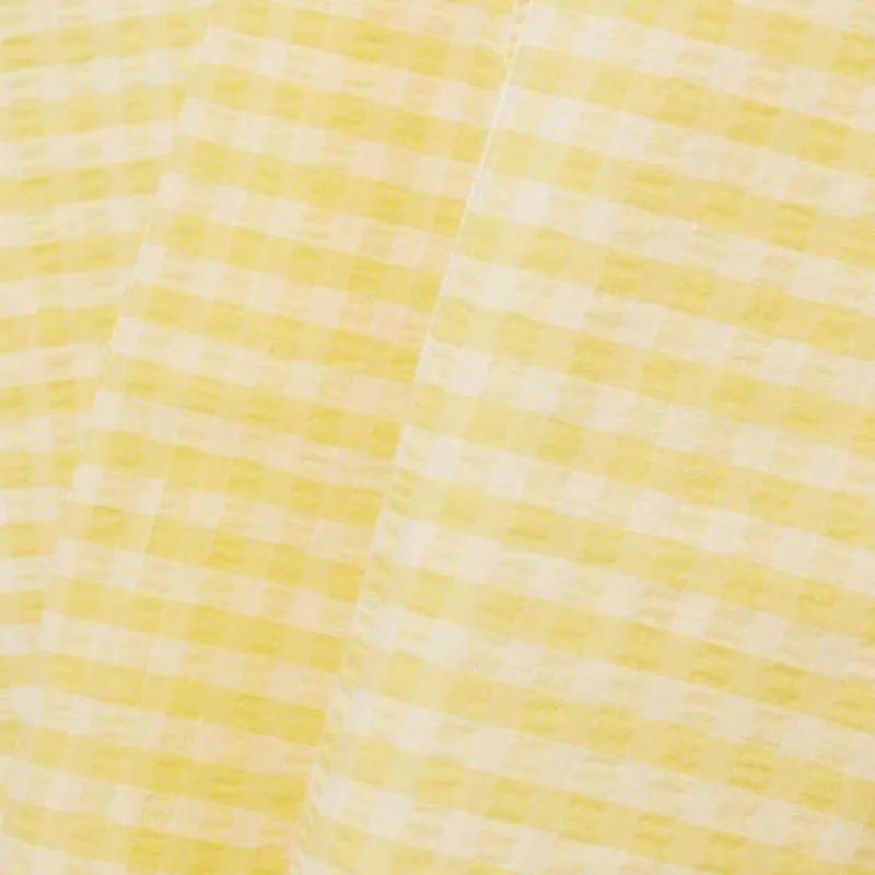 

VGH Vintage Yellow Plaid Hollow Out Dress For Women Stand Collar Long Sleeve High Waist Mini Dresses Female 2021 Summer Clothing