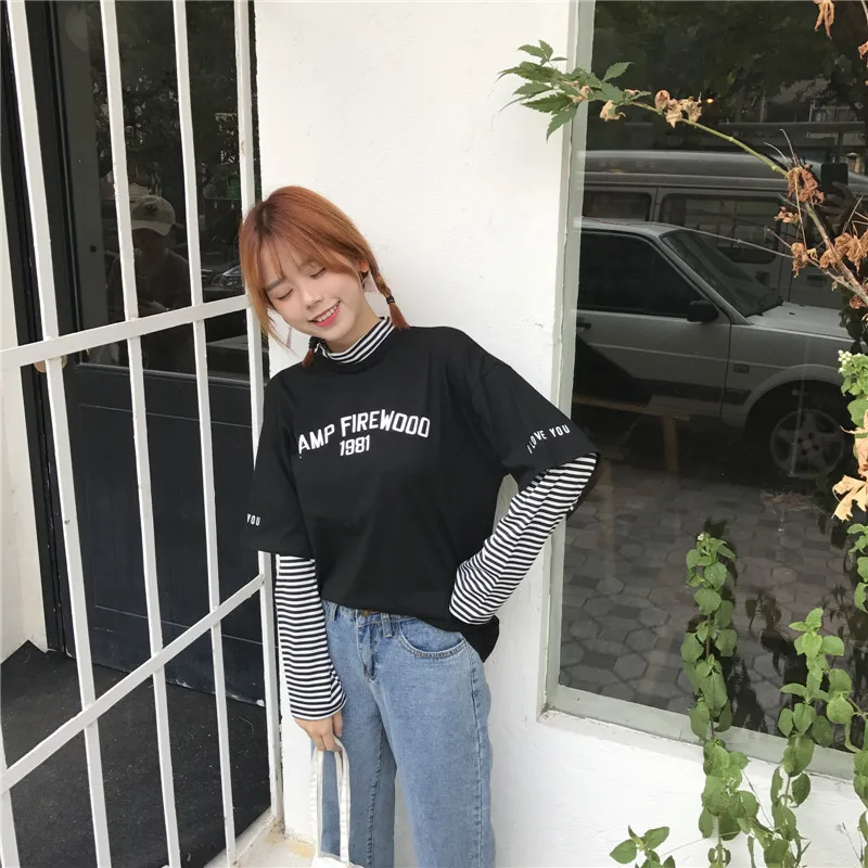 Women's T-shirts Tunic Kawaii Ladies Vintages Triped Long Sleeve T-shirt Female Ulzzang Harajuku Tee For Women Casual Top