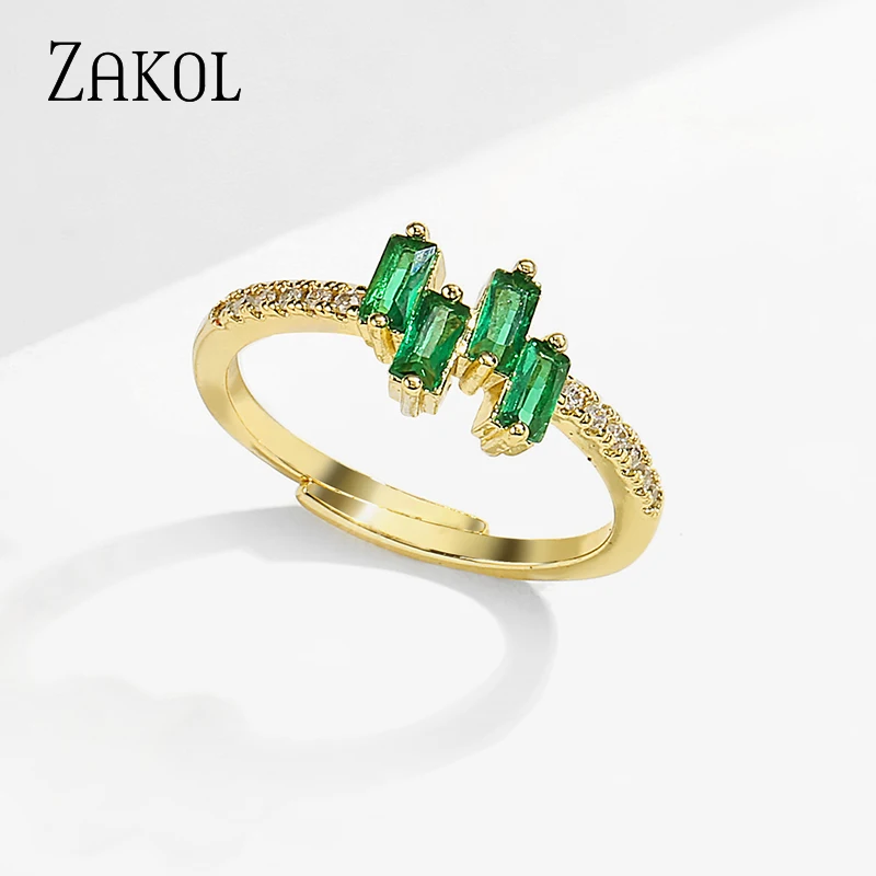 ZAKOL простой Cz золотой цвет багет зеленый фианит палец Открытое кольцо Мода