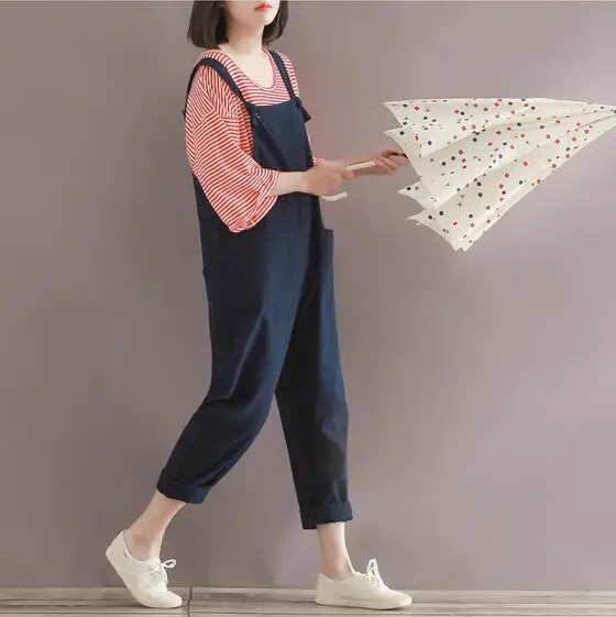 Ретро плюс размер женские комбинезоны брюки синий хлопок лен ретро 2019 женский