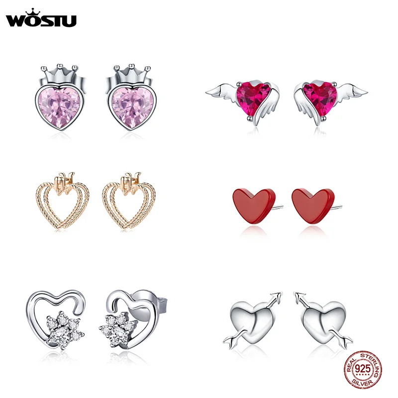 WOSTU, 925 пробы, серебряные серьги-гвоздики в форме сердца, циркониевые Свадебные оригинальные маленькие серьги для женщин и девушек, модные ювелирные изделия, подарки