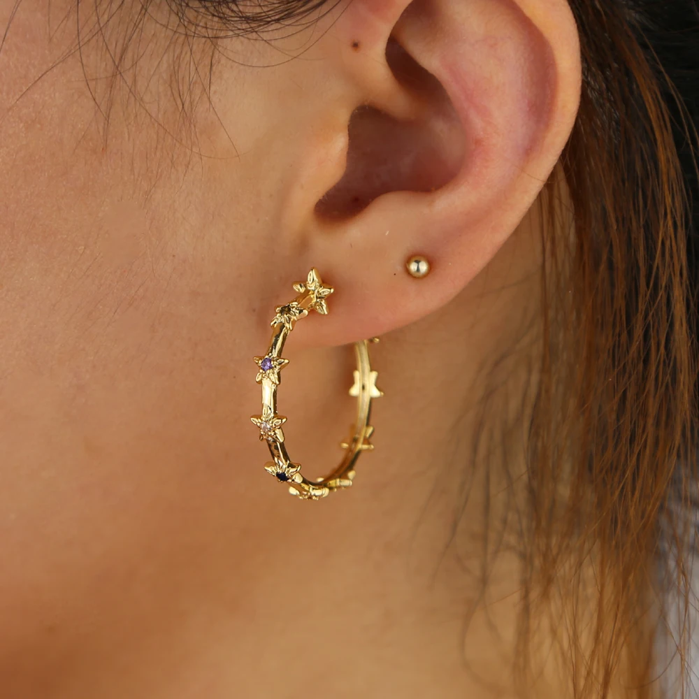 

2019 Christmas gift jewelry new arrived Gold color colorful rainbow cz star hoop earring