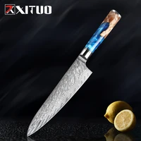 xituo damascus steel japanese vg10 chef knife paring fruit vegetable kitchen knife blue resin color wood handle cooking tool