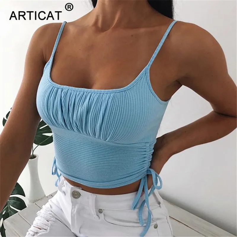 Articat Sexy Side Drawstring Cropped Camis Women Ruched Slim Short Warpped Tank Tops 2020 Summer Cute Streetwear Knitted | Женская
