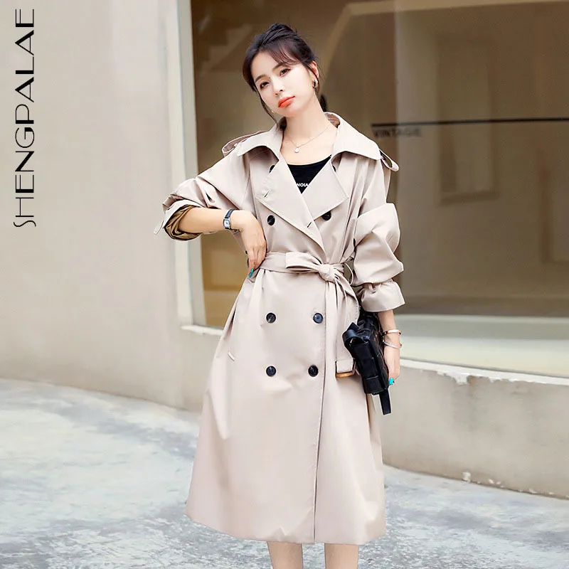

SHENGPALAE Simple Solid Color Trench Coat Women 2021 Laple Loose Double Breasted Lace Up Waist Long Sleeve Windbreaker Female