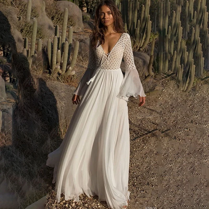 Женское платье с длинным Расклешенным рукавом и V-образным вырезом белое ажурное