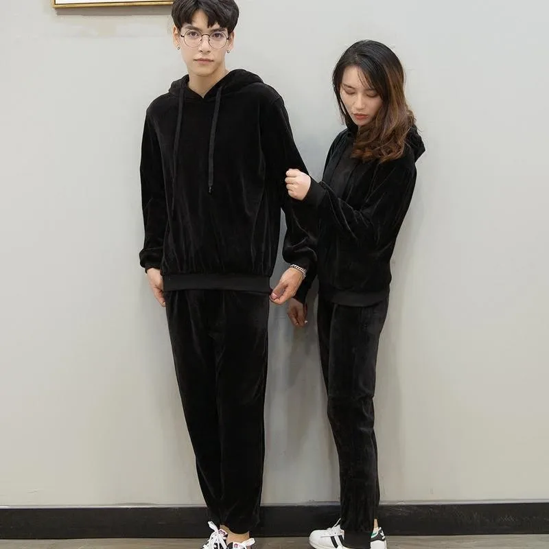 Мужской бархатный теплый спортивный костюм черная толстовка с капюшоном +