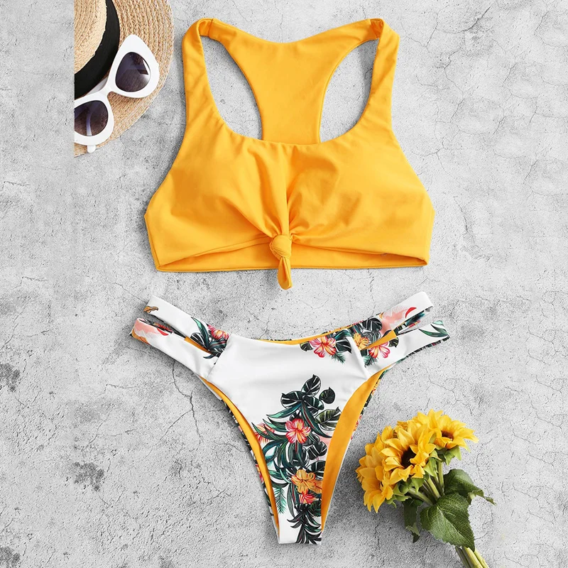 Купальный костюм с высокой талией и цветочным принтом купальник-бикини пуш-ап