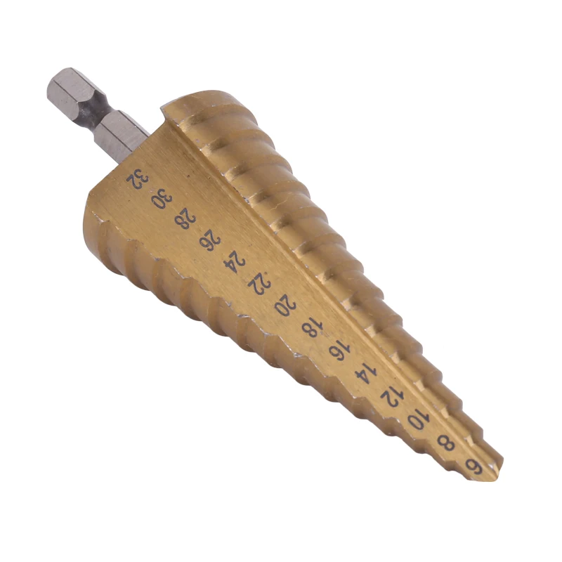 

3pc Hss step drill bit set cone hole cutter Taper metric 4 - 12 / 20 / 32mm 1 / 4 "titanium coated metal hex core drill bits
