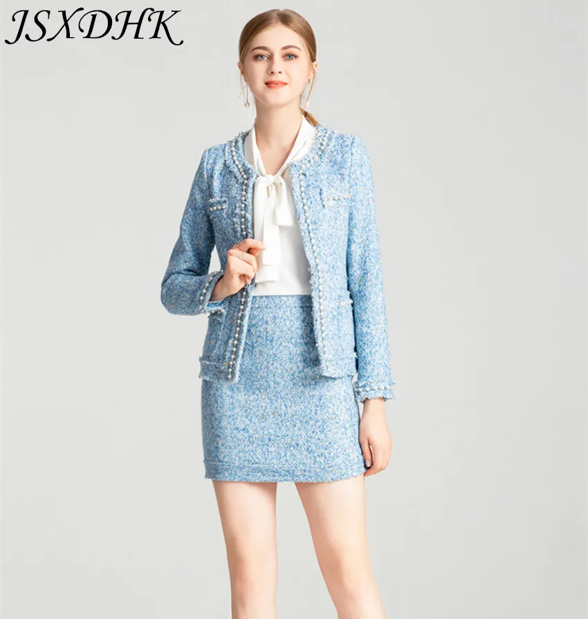 Женский твидовый комплект JSXDHK подиумный из двух предметов синяя куртка с