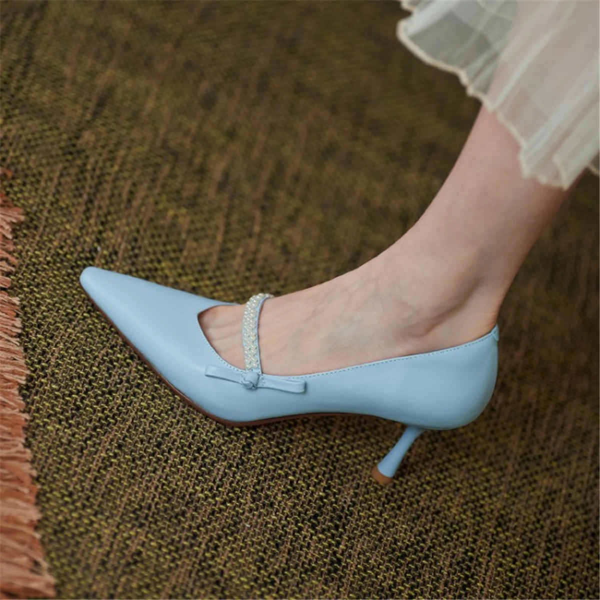 

kmeioo classic pearl dress shoes pointed toe high heels shallow black pumps slip-on stiletto for women summer 7cm