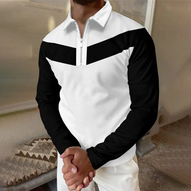 

Рубашка-поло мужская с длинным рукавом, повседневная приталенная блуза с отложным воротником, в стиле пэчворк, на молнии, большие размеры