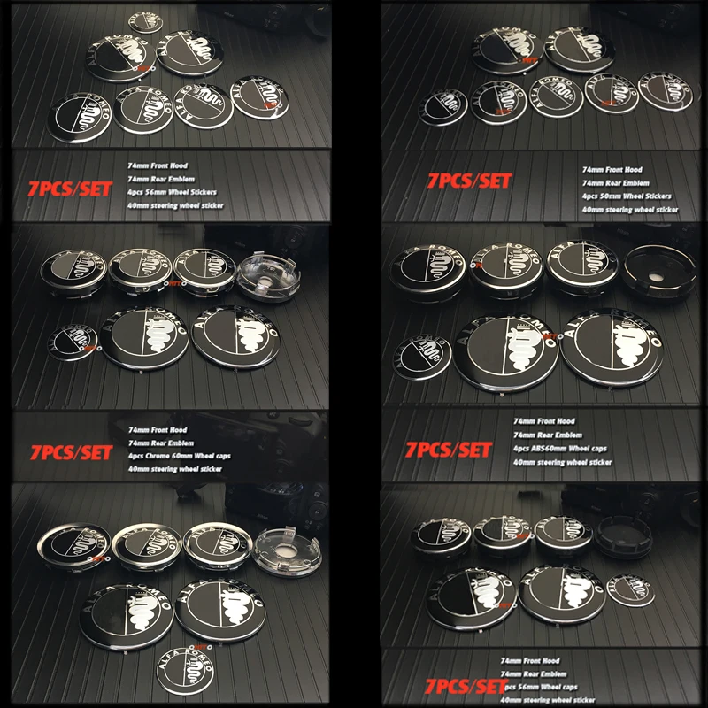 

Black Front rear Emblem 74MM Wheel Center Cap 56MM/60MM/64MM Steering Wheel Sticker 40MM Car Styling 7pcs/lot Auto Accessory
