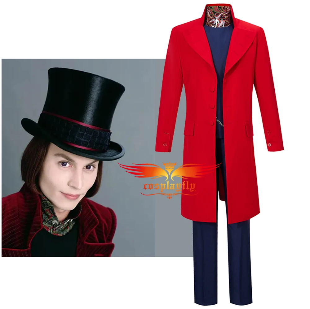 

Anime Movie Musical Willy Wonka Men Cosplay Costume Adult Man Outfits Medieval Red Trench Pants Blouse Navy Blue Vest Halloween