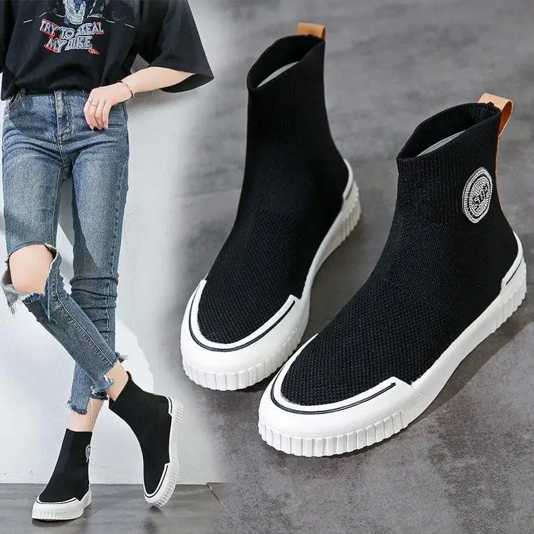 

Sock Shoes Women's 2020 Autumn New Black High-Top Sneakers Women's All-Match Flying Woven Elastic High-Top Socks Shoes