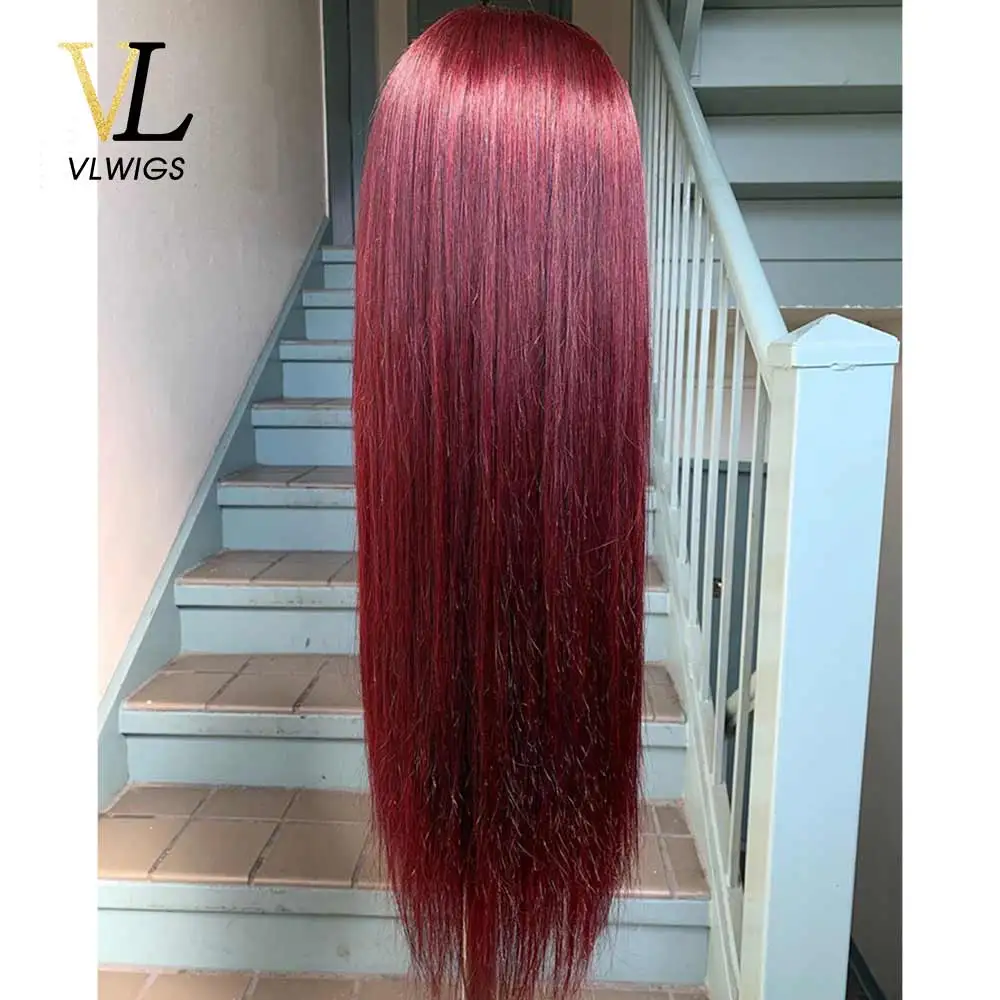 

VLwigs 13*6 Lace Front Wig Pre-Plucked Burgundy Color Lace Front Silk Straight Brazilian Virgin Human Hair WigS #99j Color ZCX05