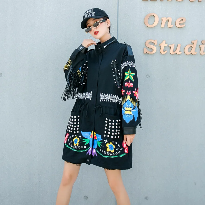 

2021 New Women Gothic Trench Coat Large Size Punk Rivets Casual Loose Cardigans Overcoat Tassels Long Sleeve Printed Windbreaker