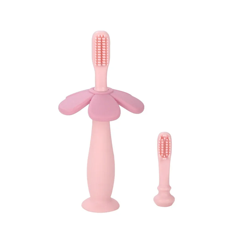 Cepillos de dientes de silicona con dise&ntilde;o de flor de dibujos animados para beb&eacute;, cepillo de dientes de silicona para prevenir la boca profunda, suministros de limpieza bucal para ni&ntilde;os-3