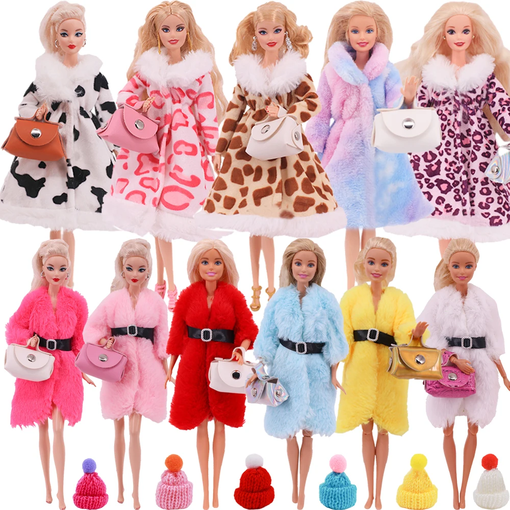 4Pcs/Set Barbies Clothes Accessories Fashion Plush Coat Handbag Knitted Hat Shoes For 11.8Inch Doll,Bjd Doll Generation Toy Gift