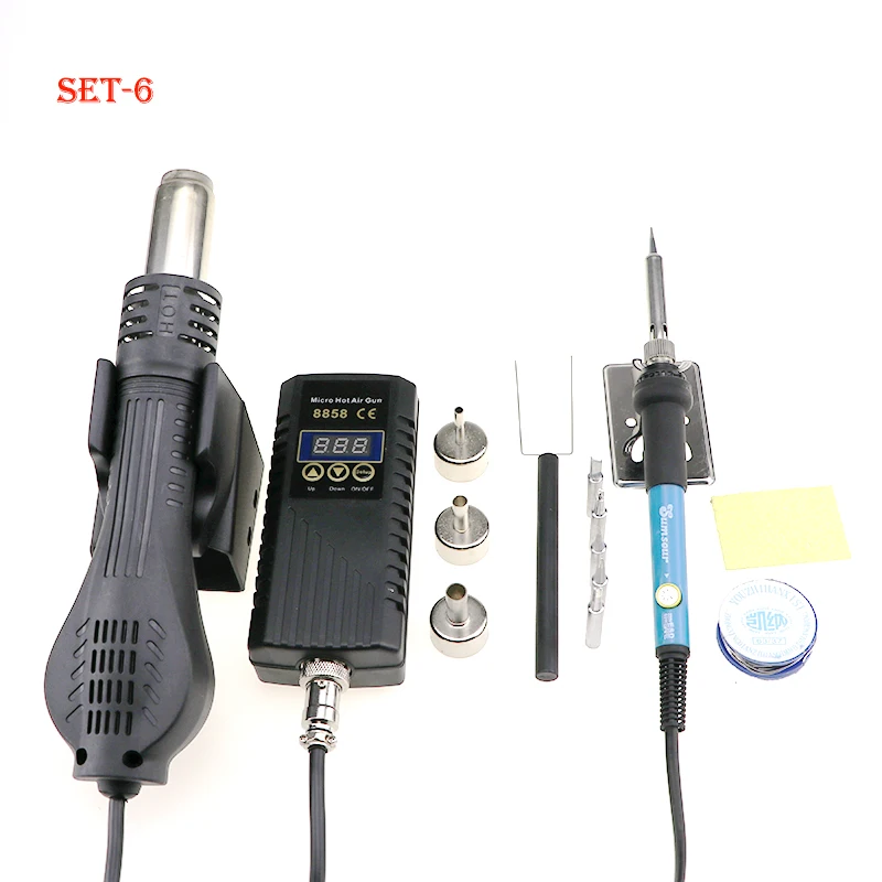 SET-6 Паяльная станция BGA 8858 портативная фена для горячего воздуха 220 В с вилкой ЕС ручная Тепловая пушка со сварочным паяльником Инструменты для ремонта - Цвет: SET-6
