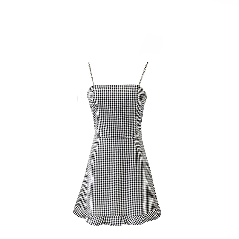 Женское винтажное мини-платье на бретелях черное/Белое клетчатое платье выше