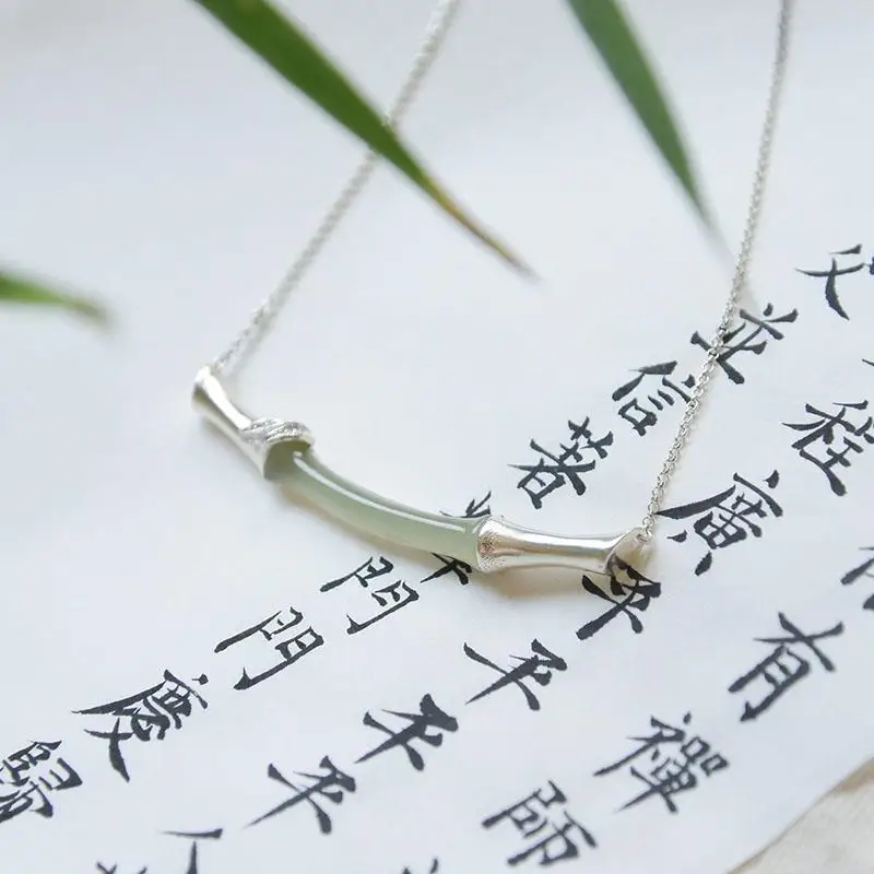

Natural Hetian Jade Bamboo S925 Sterling Silver Pendant Jade Necklace Simple Elegant Artistic Retro Gilding Craft