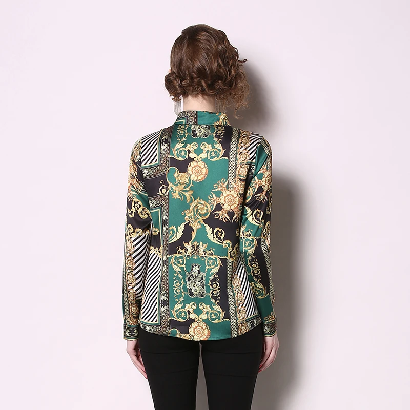 

New Elegant Vintage Fashion Women Spring Autumn Print Slim Shirt Office Lady Turn Down Collar Long Sleeve Blouses Tops