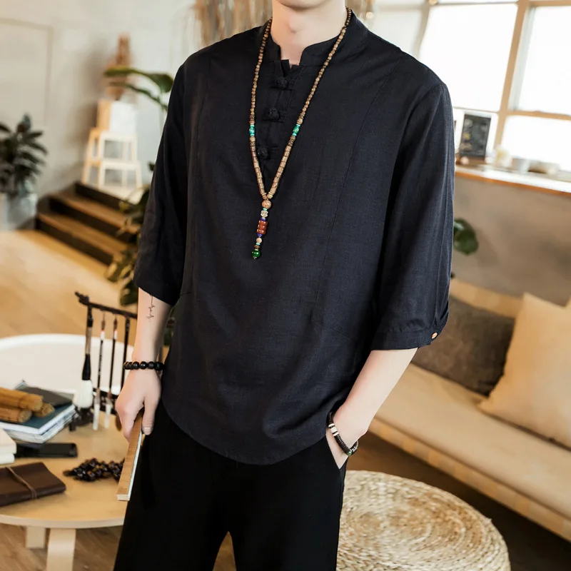 Мужская традиционная китайская одежда из хлопка и льна повседневный пуловер с