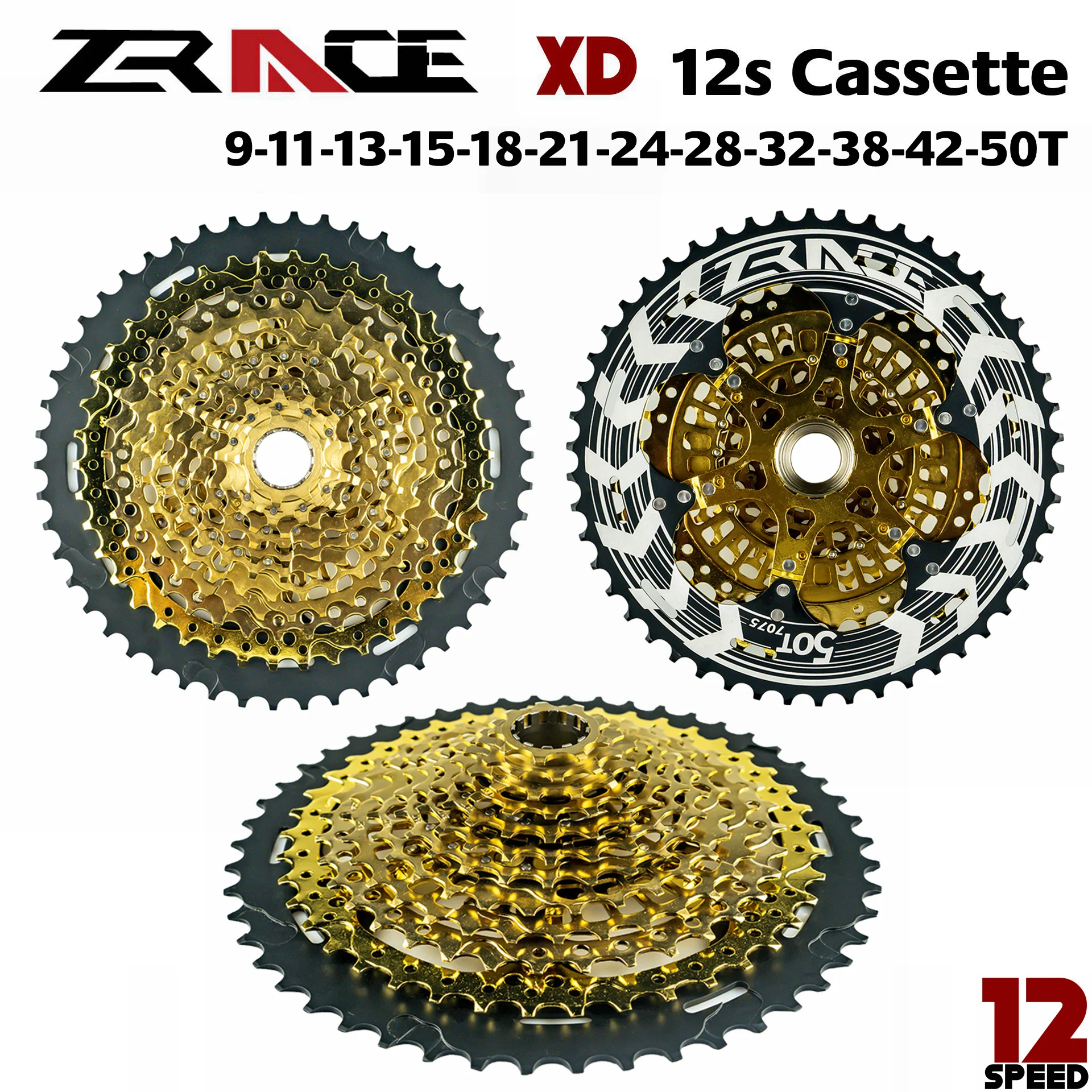 ZRACE ALPHA Gold 12s XD Cassette 12 Speed MTB Bike Freewheel 9-50T - Gold, Compatible XD Freehub, XX1 X01 GX NX Eagle