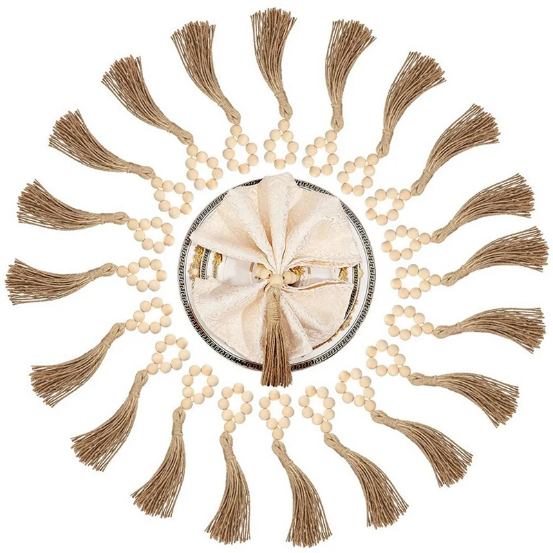 

Farmhouse Napkin Rings Wood Bead Napkin Ring With Tassels For Weddings Dinner Table Party Decoration (20 Pieces)