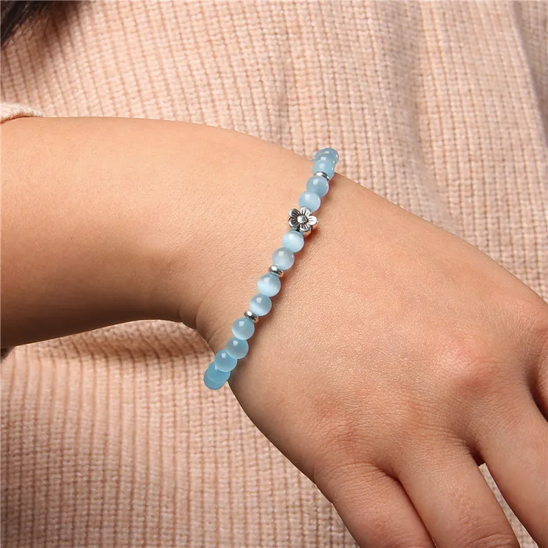 

6MM Yellow Pink White Cat Eye Bracelet Flower Metal Charm Bracelet Multicolor Opal Glass Bangle Reiki Handmade Exquisite Jewelry