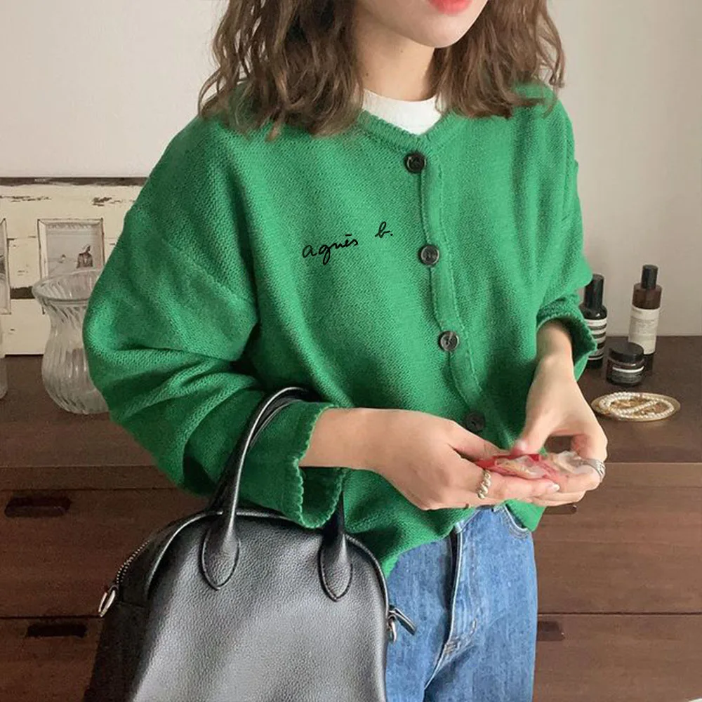 

Однобортный прямой женский свитер на пуговицах, простой стильный женский кардиган с зеленым буквенным принтом, Модная вязаная одежда на ве...