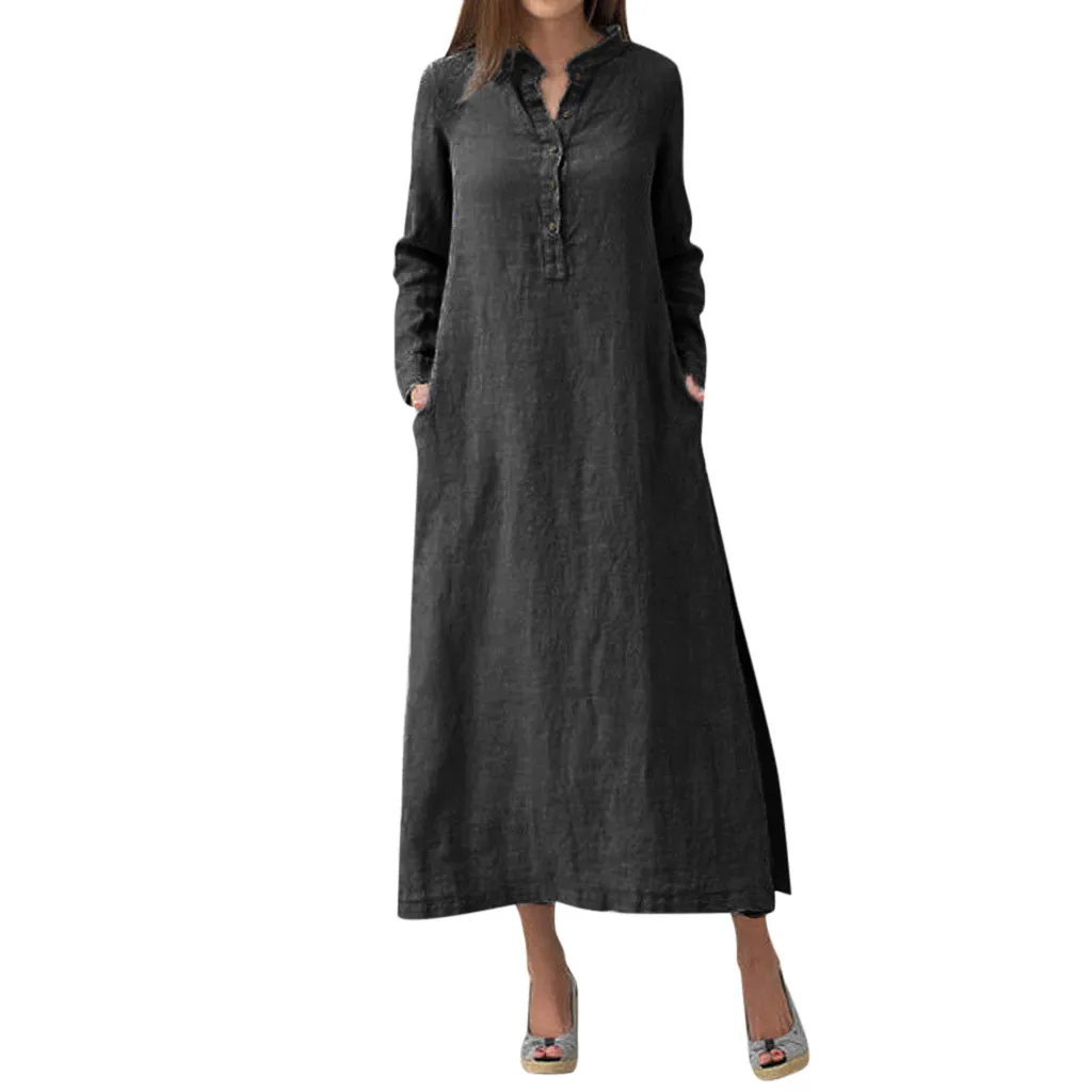 Женское Хлопковое платье Кафтан Vestidos Largos с длинным рукавом Простое Повседневное