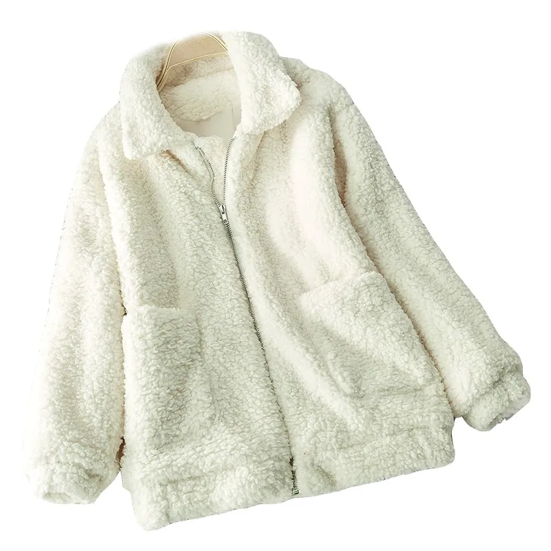 

Женское плюшевое пальто Zuolunouba, повседневное свободное тонкое белое теплое пальто на молнии с карманами, Осень-зима 2020